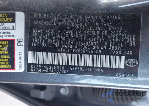 2012 Toyota Camry Le z USA, uszkodzony, nr VIN 4T4BF1FK0CR185509